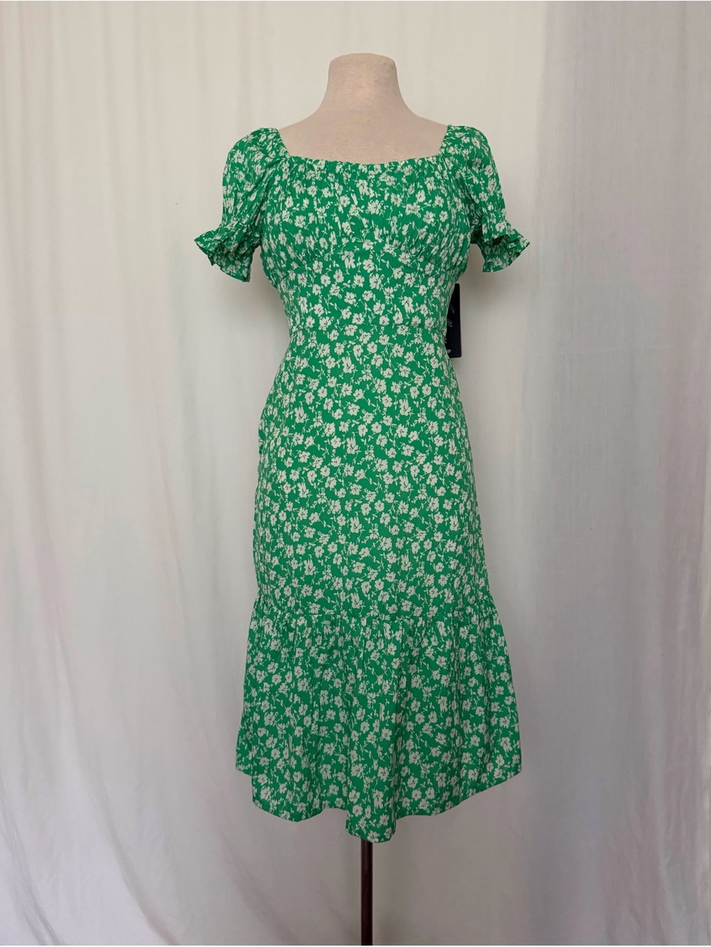 Green Floral Square-Neck Midi Dress